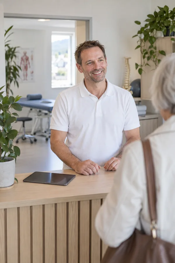 Um fisioterapeuta fala com uma paciente na receção