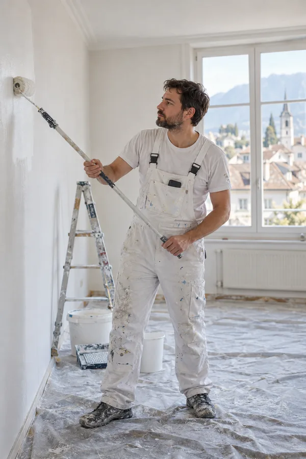 Um pintor passa o rolo numa parede de uma casa em obras