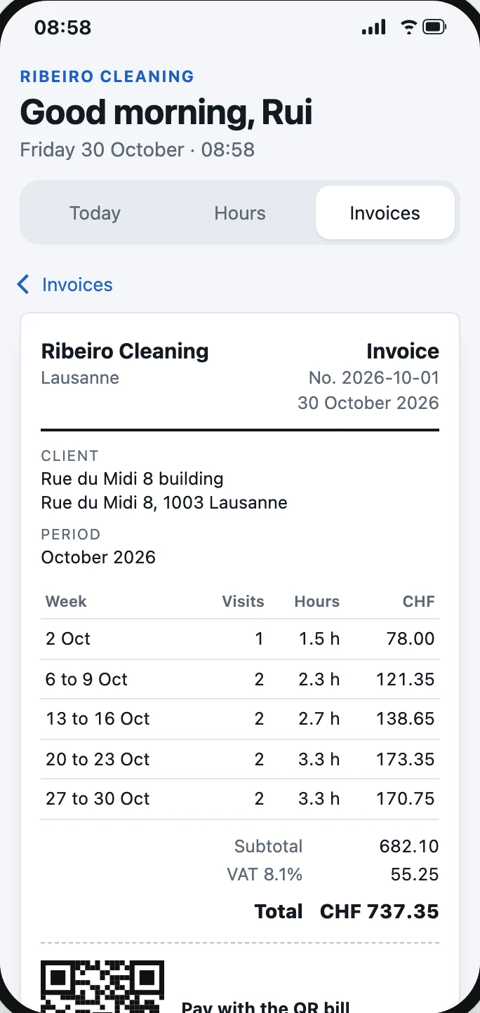 An invoice built from the hours, with VAT and the Swiss QR bill