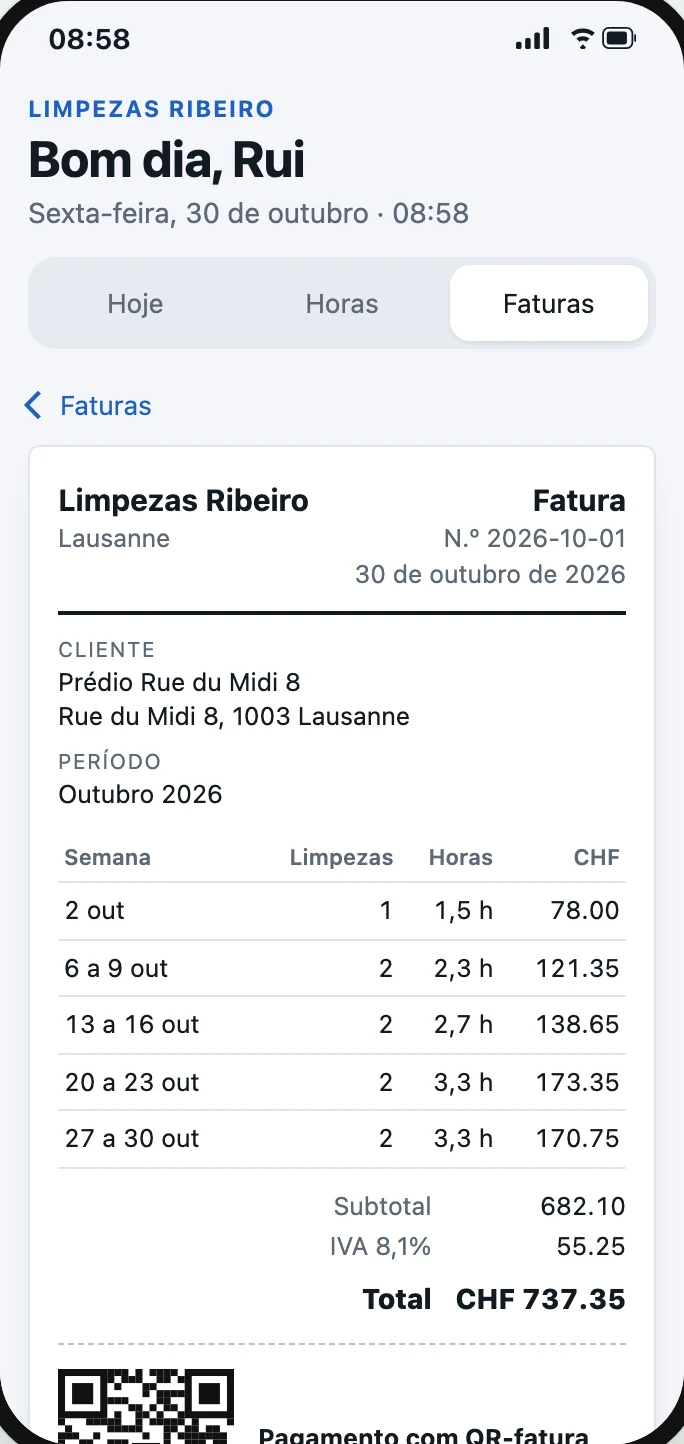 Uma fatura feita a partir das horas, com IVA e QR-fatura